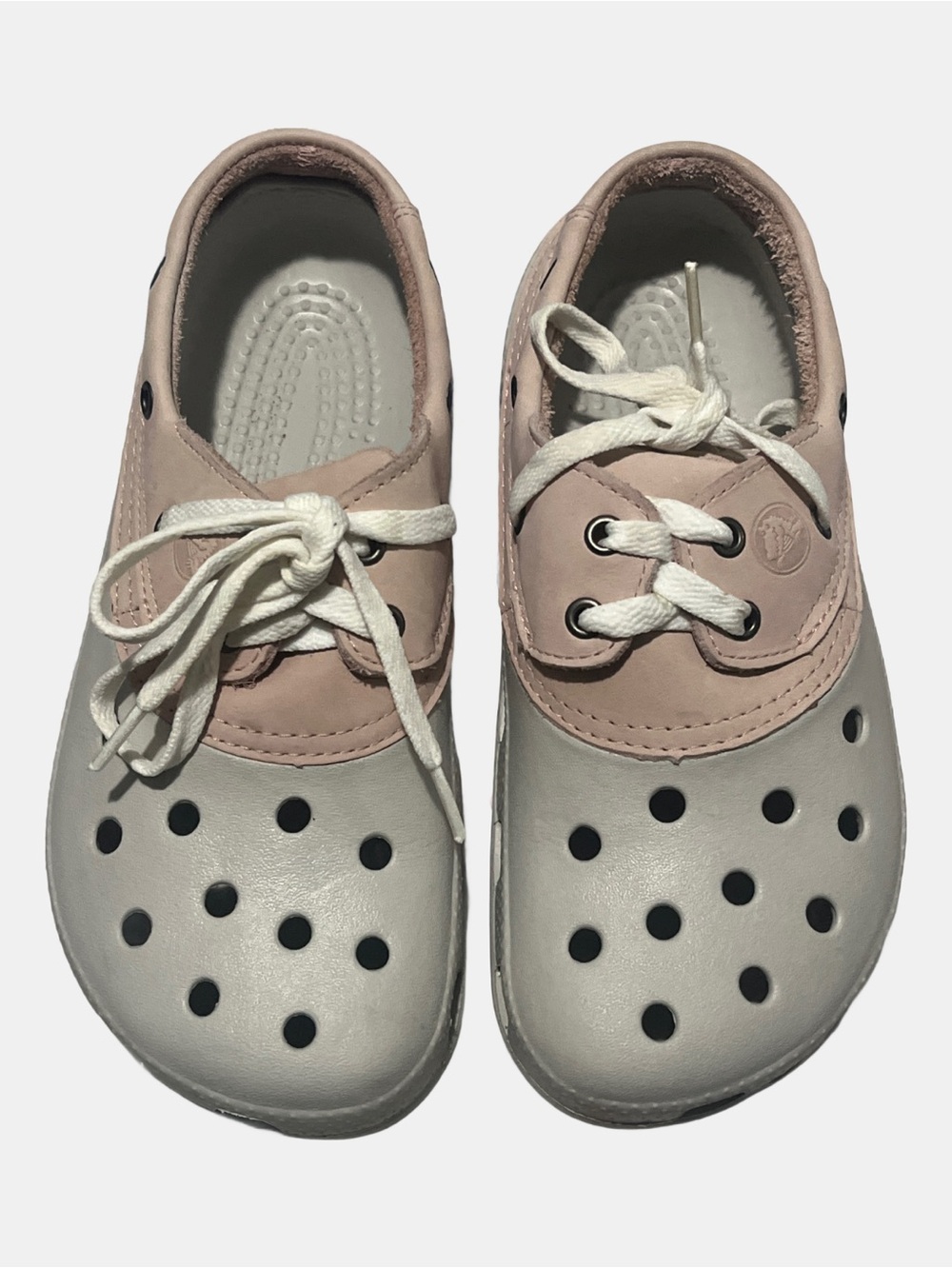 Crocs Women's Islander Pitcrew Boat Shoe Grey & Pink Leather Clogs Size 9